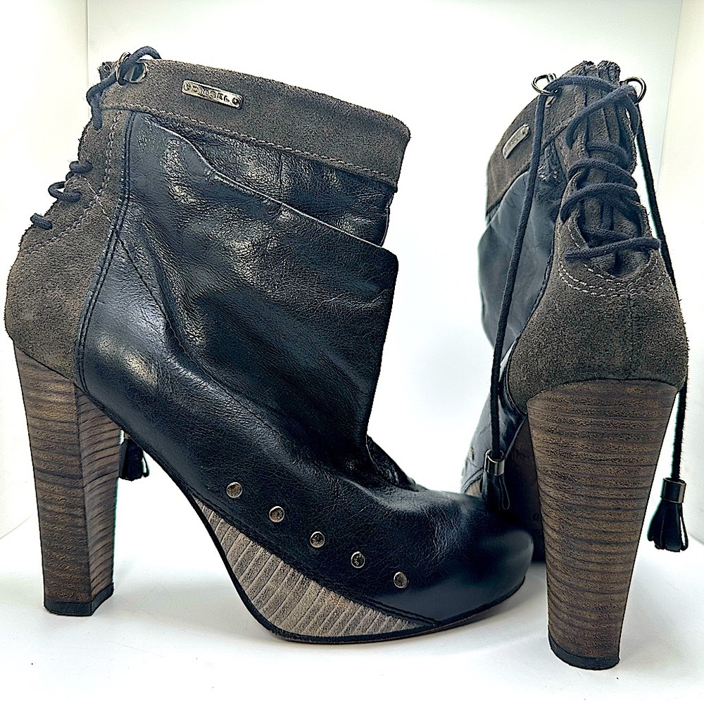 Women's Black Leather & Suede High-Heel Ankle Boots